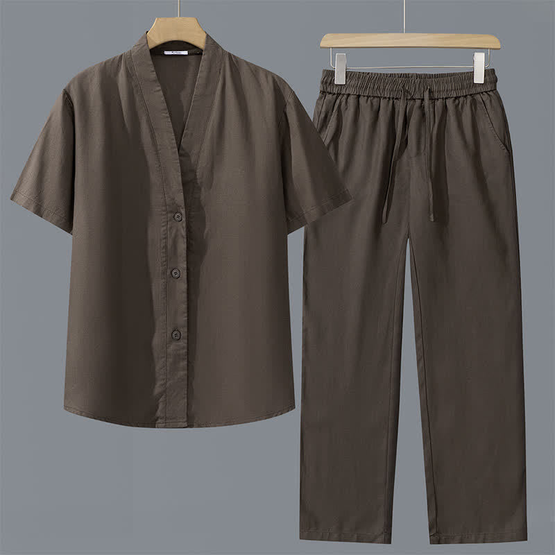 Buddha Stones 2-teiliges Set für Frühling und Sommer: Lässiges, minimalistisches Herrenhemd mit Knopfleiste, Kordelzughose, einfarbiges Meditationstuch mit Taschen - Braunes Hemd + braune Hose - US/ UK/AU42, EU52 (3XL) - image 1