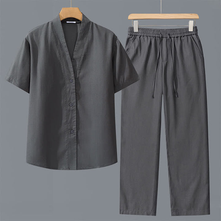 Buddha Stones 2-teiliges Set für Frühling und Sommer: Lässiges, minimalistisches Herrenhemd mit Knopfleiste, Kordelzughose, einfarbiges Meditationstuch mit Taschen - Dunkelgraues Hemd + dunkelgraue Hose - US/ UK/AU42, EU52 (3XL) - image 0