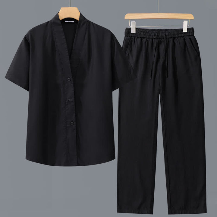 Buddha Stones 2-teiliges Set für Frühling und Sommer: Lässiges, minimalistisches Herrenhemd mit Knopfleiste, Kordelzughose, einfarbiges Meditationstuch mit Taschen - Schwarzes Hemd + Schwarze Hose - US/ UK/AU42, EU52 (3XL) - image 2