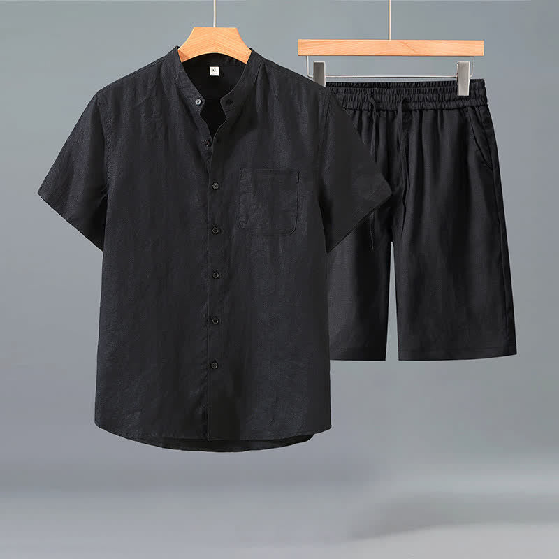 Buddha Stones 2-teiliges Sommer-Freizeit-Set im Tang-Stil: Kurzarmhemd mit Knopfleiste, einfarbiges Leinen, Herren-Meditationskleidung mit Tasche - Schwarzes Hemd + Schwarze Hose - US/ UK/AU42, EU52 (3XL) - image 4