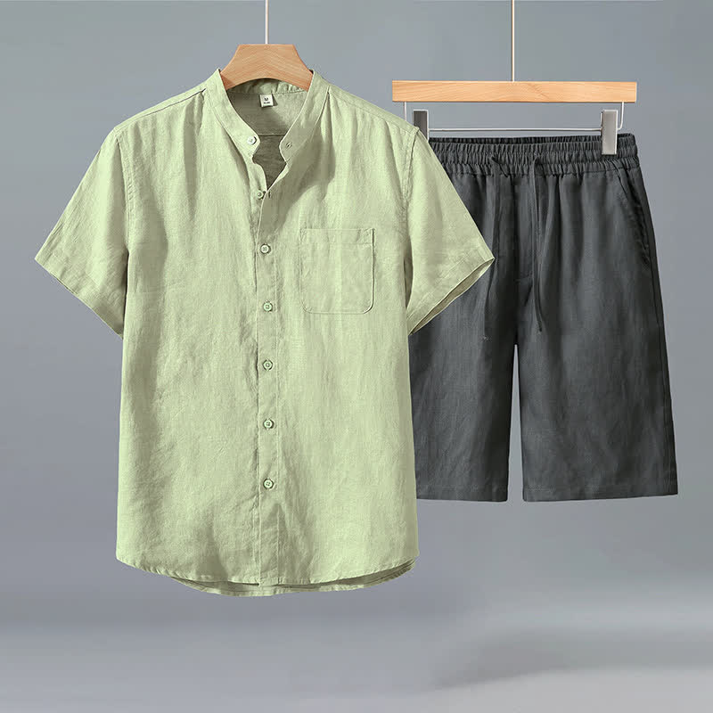 Buddha Stones 2-teiliges Sommer-Freizeit-Set im Tang-Stil: Kurzarmhemd mit Knopfleiste, einfarbiges Leinen, Herren-Meditationskleidung mit Tasche - Grünes Hemd + graue Hose - US/ UK/AU42, EU52 (3XL) - image 5