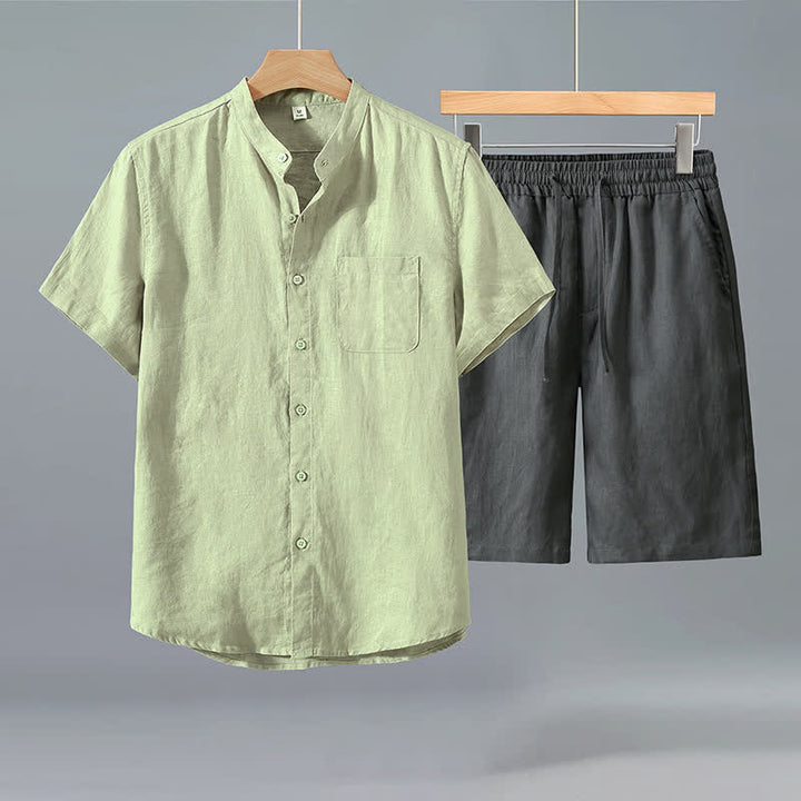 Buddha Stones 2-teiliges Sommer-Freizeit-Set im Tang-Stil: Kurzarmhemd mit Knopfleiste, einfarbiges Leinen, Herren-Meditationskleidung mit Tasche - Grünes Hemd + graue Hose - US/ UK/AU42, EU52 (3XL) - image 5