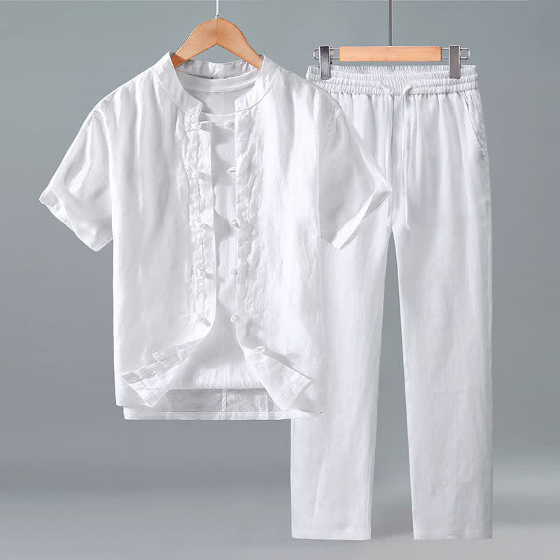 Buddha Stones 2-teiliges Sommer-Meditationsset im Tang-Stil: Kurzarmhemd und Hose aus einfarbigem Leinen mit Froschknöpfen, geeignet für Herren. - Weiß - US/ UK/AU42, EU52 (3XL) - image 8