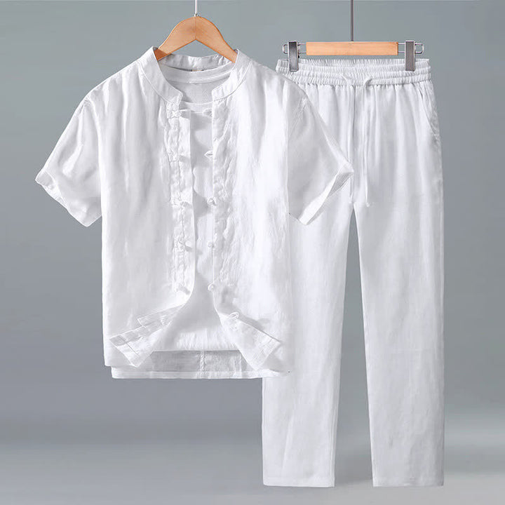 Buddha Stones 2-teiliges Sommer-Meditationsset im Tang-Stil: Kurzarmhemd und Hose aus einfarbigem Leinen mit Froschknöpfen, geeignet für Herren. - Weiß - US/ UK/AU42, EU52 (3XL) - image 8