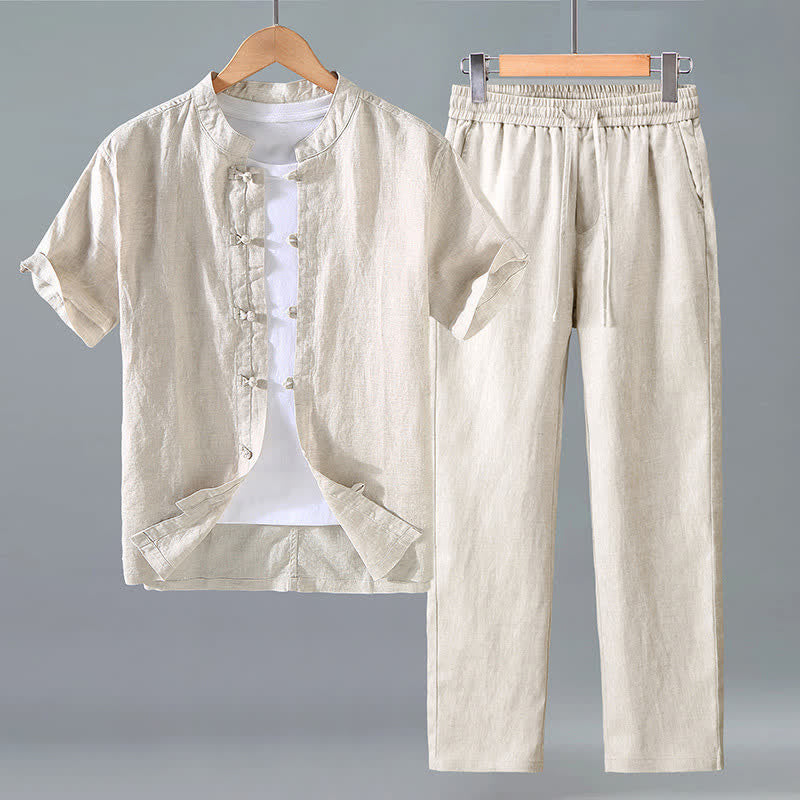 Buddha Stones 2-teiliges Sommer-Meditationsset im Tang-Stil: Kurzarmhemd und Hose aus einfarbigem Leinen mit Froschknöpfen, geeignet für Herren. - Leinen - US/ UK/AU42, EU52 (3XL) - image 0