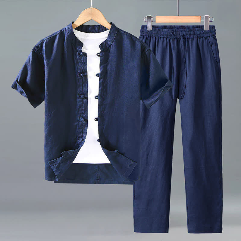 Buddha Stones 2-teiliges Sommer-Meditationsset im Tang-Stil: Kurzarmhemd und Hose aus einfarbigem Leinen mit Froschknöpfen, geeignet für Herren. - Mitternachtsblau - US/ UK/AU42, EU52 (3XL) - image 7