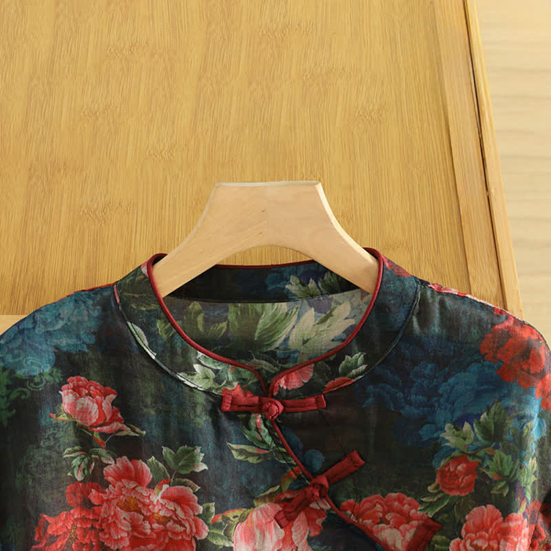 Buddha Stones Elegantes Tanktop im Sommer-Tang-Stil mit Stehkragen und Pfingstrosenmuster, ärmellos, für Damen. - image 3