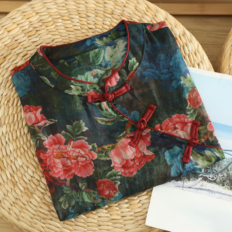 Buddha Stones Elegantes Tanktop im Sommer-Tang-Stil mit Stehkragen und Pfingstrosenmuster, ärmellos, für Damen. - image 2