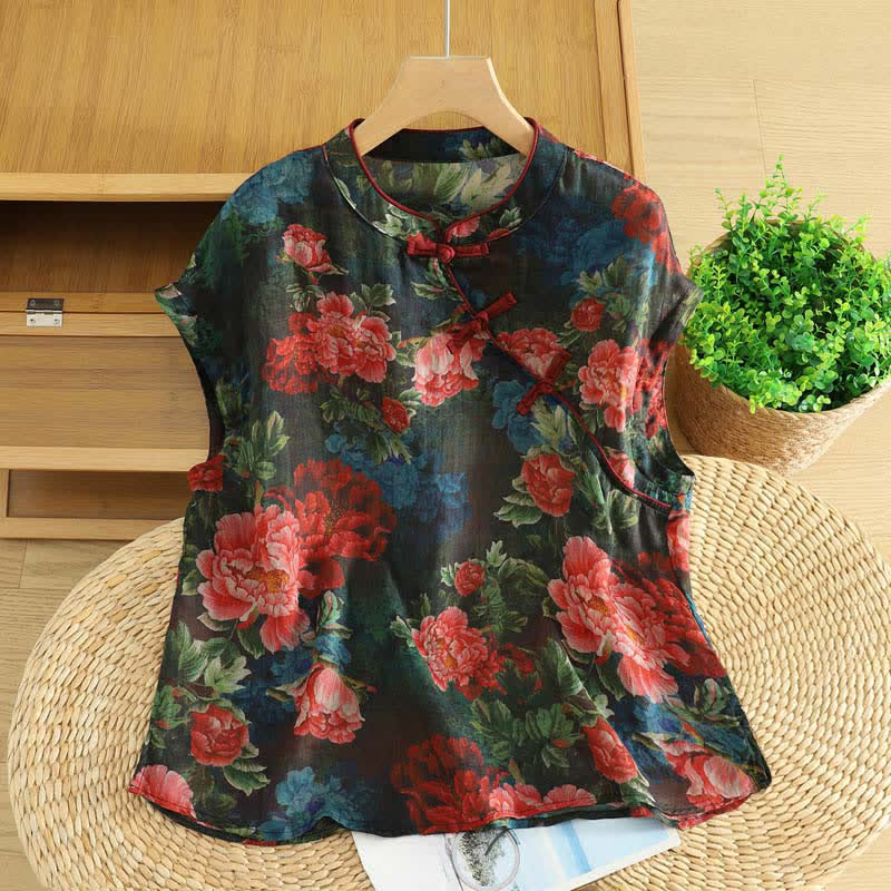 Buddha Stones Elegantes Tanktop im Sommer-Tang-Stil mit Stehkragen und Pfingstrosenmuster, ärmellos, für Damen. - Schwarz - US12, UK/AU16, EU44 (2XL) - image 0
