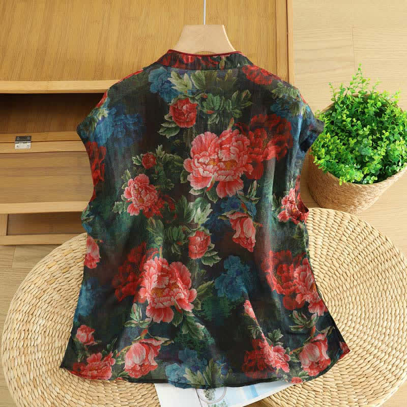 Buddha Stones Elegantes Tanktop im Sommer-Tang-Stil mit Stehkragen und Pfingstrosenmuster, ärmellos, für Damen. - image 1