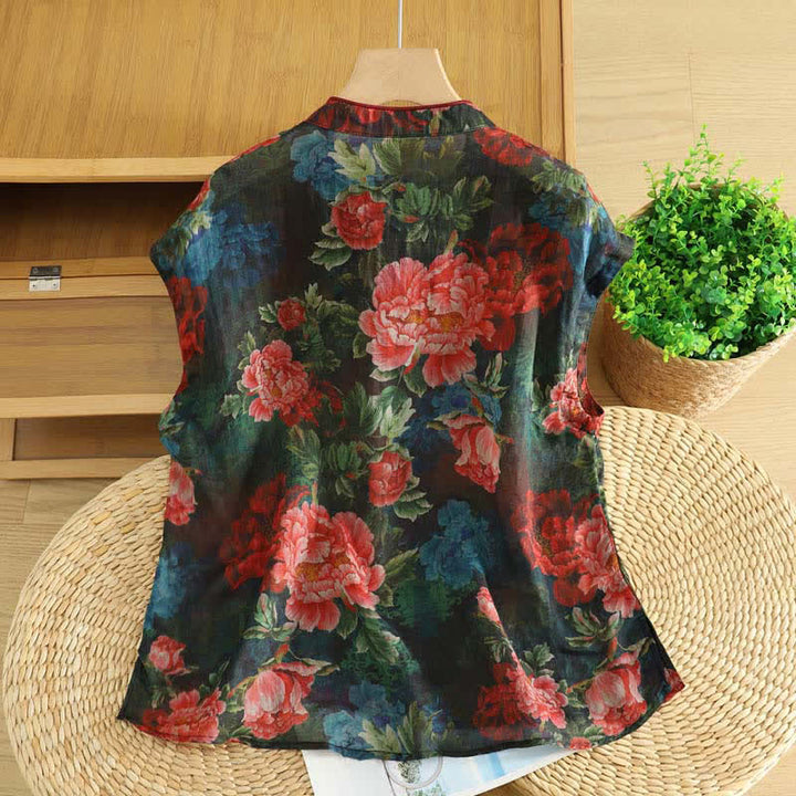 Buddha Stones Elegantes Tanktop im Sommer-Tang-Stil mit Stehkragen und Pfingstrosenmuster, ärmellos, für Damen. - image 1