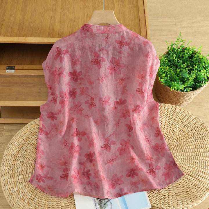 Buddha Stones Sommerliches Tang Style Casual Tanktop mit Stehkragen, rosa Blumenmuster, ärmellos, Damenbluse - image 1