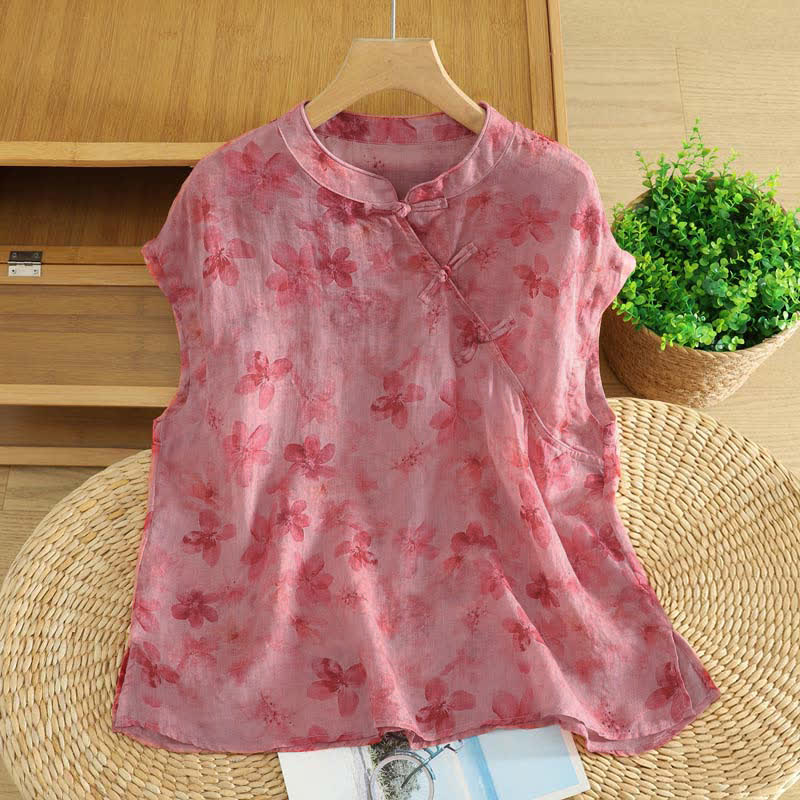 Buddha Stones Sommerliches Tang Style Casual Tanktop mit Stehkragen, rosa Blumenmuster, ärmellos, Damenbluse - Blassviolettrot - US12, UK/AU16, EU44 (2XL) - image 0