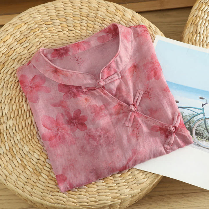 Buddha Stones Sommerliches Tang Style Casual Tanktop mit Stehkragen, rosa Blumenmuster, ärmellos, Damenbluse - image 2