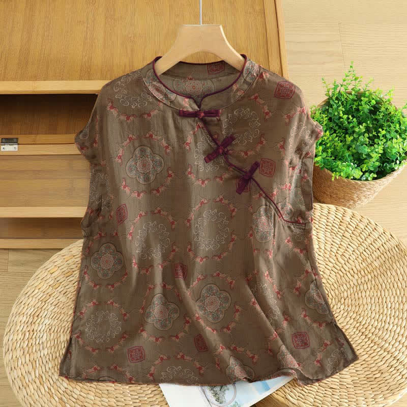 Buddha Stones Sommerliches Tanktop im Vintage-Stil mit Mandarin-Kragen, Froschknopf, Blumenmuster und Pferdemotiv, ärmellos, Damenblusen - Sienna - US12, UK/AU16, EU44 (2XL) - image 0