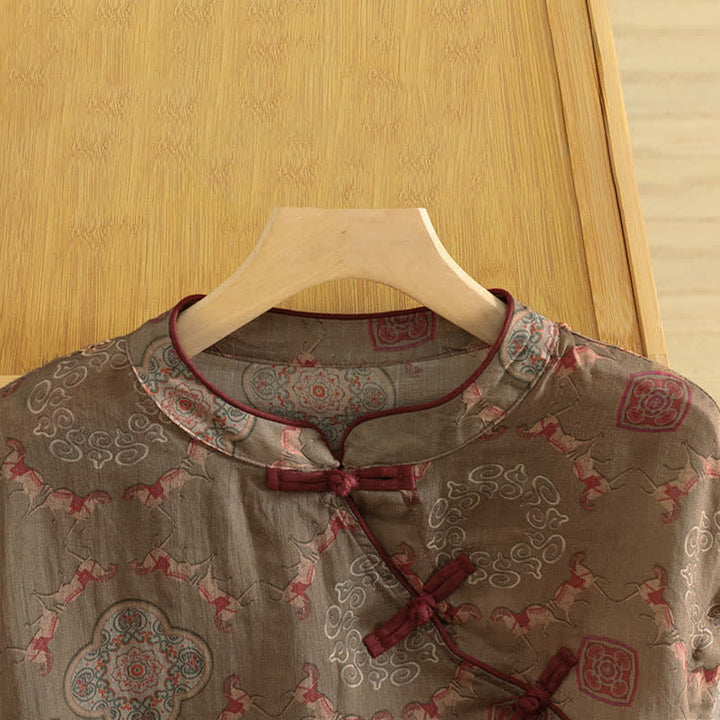 Buddha Stones Sommerliches Tanktop im Vintage-Stil mit Mandarin-Kragen, Froschknopf, Blumenmuster und Pferdemotiv, ärmellos, Damenblusen - image 3