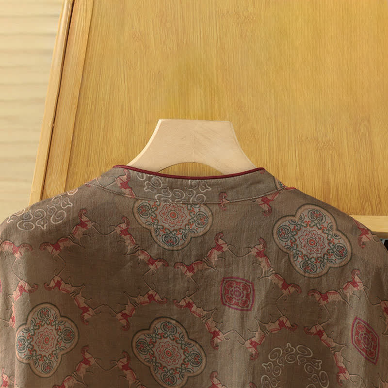 Buddha Stones Sommerliches Tanktop im Vintage-Stil mit Mandarin-Kragen, Froschknopf, Blumenmuster und Pferdemotiv, ärmellos, Damenblusen - image 4