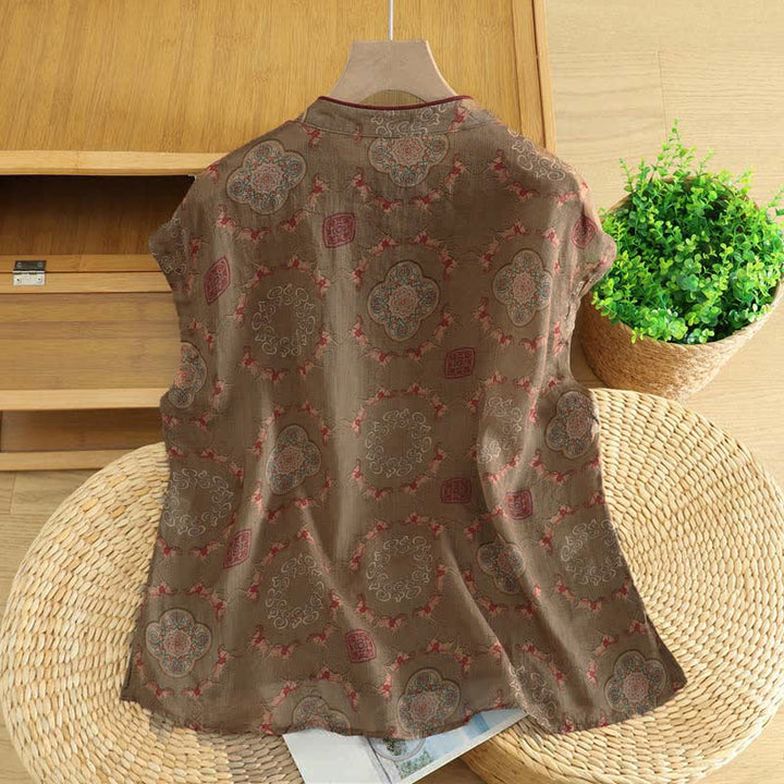 Buddha Stones Sommerliches Tanktop im Vintage-Stil mit Mandarin-Kragen, Froschknopf, Blumenmuster und Pferdemotiv, ärmellos, Damenblusen - image 1
