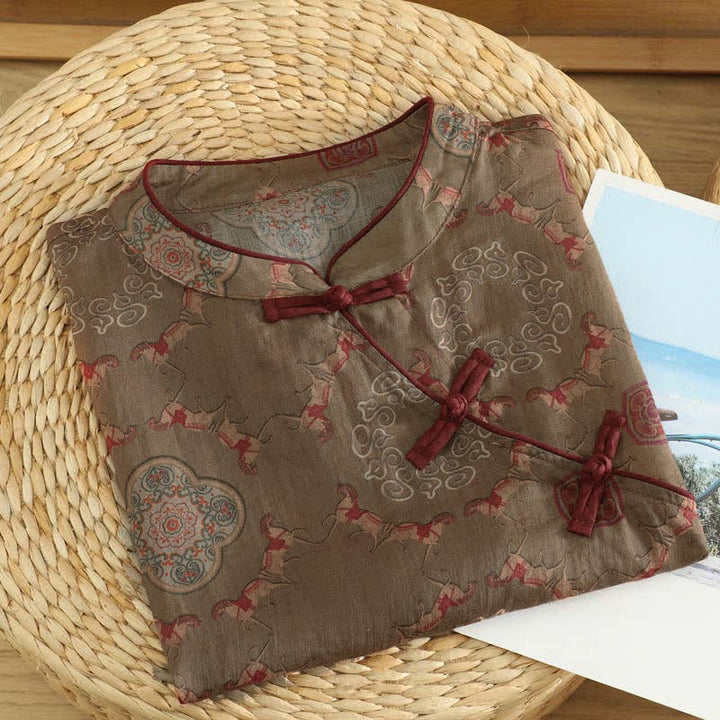 Buddha Stones Sommerliches Tanktop im Vintage-Stil mit Mandarin-Kragen, Froschknopf, Blumenmuster und Pferdemotiv, ärmellos, Damenblusen - image 2