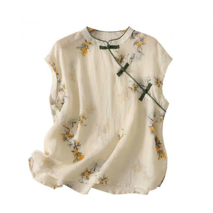 Buddha Stones Sommerliches Tanktop im Vintage-Stil mit Stehkragen, gelb mit Mispelblumenmuster, ärmellos, Damenblusen - image 2