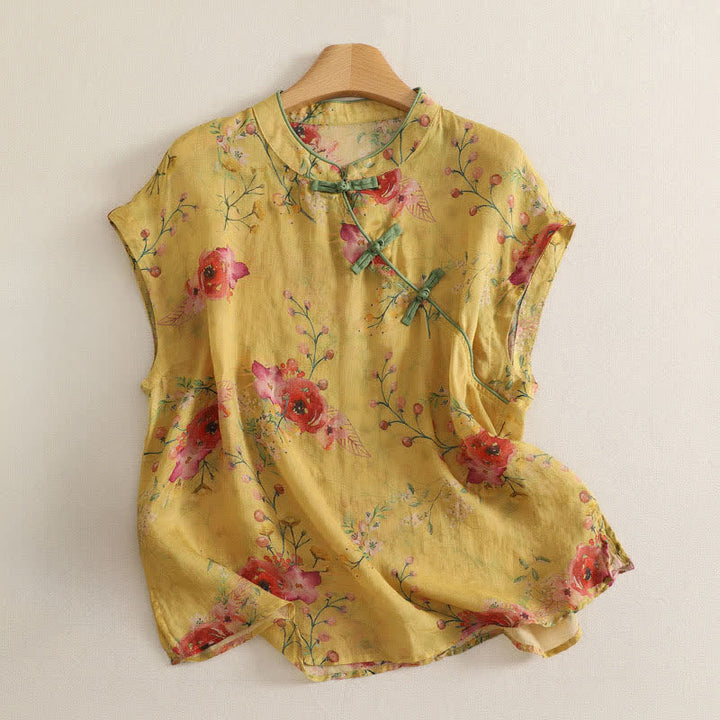 Buddha Stones Sommerliches ärmelloses Tanktop im Vintage-Stil mit Froschknopf und Orchideenmuster für Damen – Tang Style - Khaki - Ärmellos - US12, UK/AU16, EU44 (2XL) - image 21