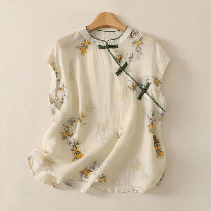 Buddha Stones Sommerliches ärmelloses Tanktop im Vintage-Stil mit Froschknopf und Orchideenmuster für Damen – Tang Style - Beige - Ärmellos - US12, UK/AU16, EU44 (2XL) - image 11