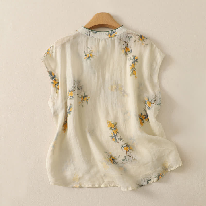 Buddha Stones Sommerliches ärmelloses Tanktop im Vintage-Stil mit Froschknopf und Orchideenmuster für Damen – Tang Style - image 12