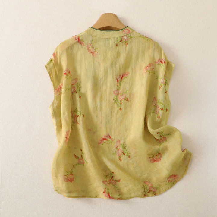 Buddha Stones Sommerliches ärmelloses Tanktop im Vintage-Stil mit Froschknopf und Orchideenmuster für Damen – Tang Style - image 31