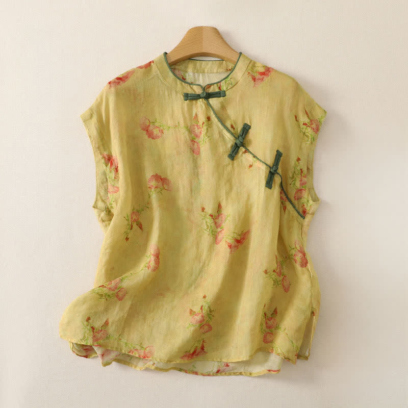 Buddha Stones Sommerliches ärmelloses Tanktop im Vintage-Stil mit Froschknopf und Orchideenmuster für Damen – Tang Style - Blassgoldenrode - Ärmellos - US12, UK/AU16, EU44 (2XL) - image 30