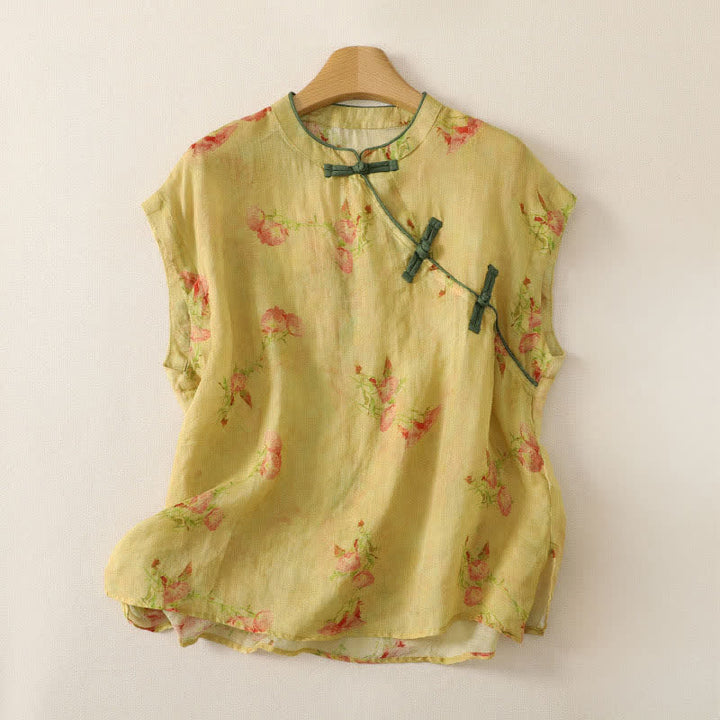 Buddha Stones Sommerliches ärmelloses Tanktop im Vintage-Stil mit Froschknopf und Orchideenmuster für Damen – Tang Style - Blassgoldenrode - Ärmellos - US12, UK/AU16, EU44 (2XL) - image 30