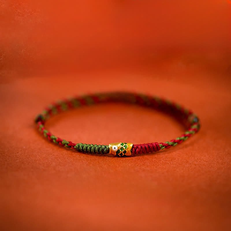 Buddha Stones Armband und Fußkettchen aus 999er Gold, geflochten, bunt rot-grün, mit Koi-Fisch-Motiv - Grüner Koi-Fisch - Fußkettchen (Umfang: 7,48-10,63 Zoll / 19-27 cm) - image 0