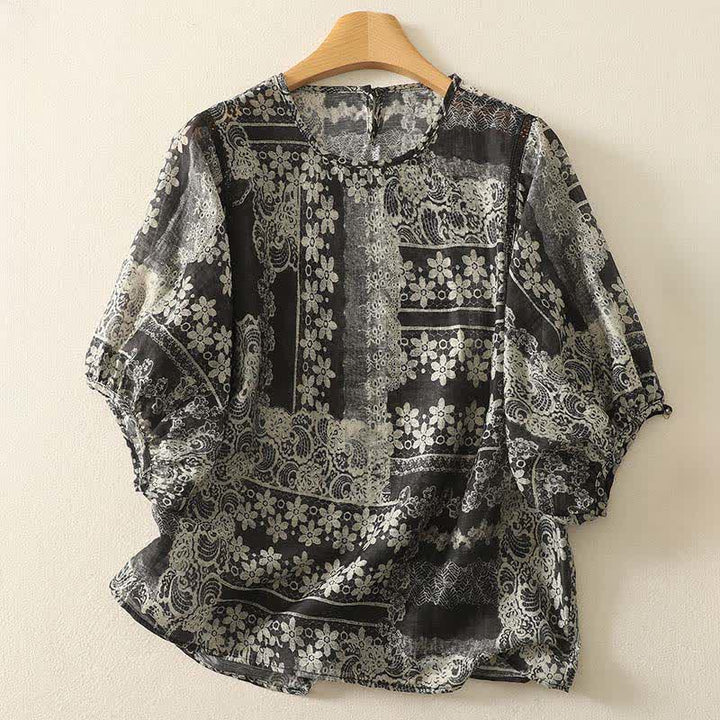 Buddha Stones Sommerliche, lässige Vintage-Damenblusen mit schwarzem Blumenmuster und kurzen Ärmeln - Schwarz - US8-10, UK/AU12-14, EU40-42 (2XL) - image 0
