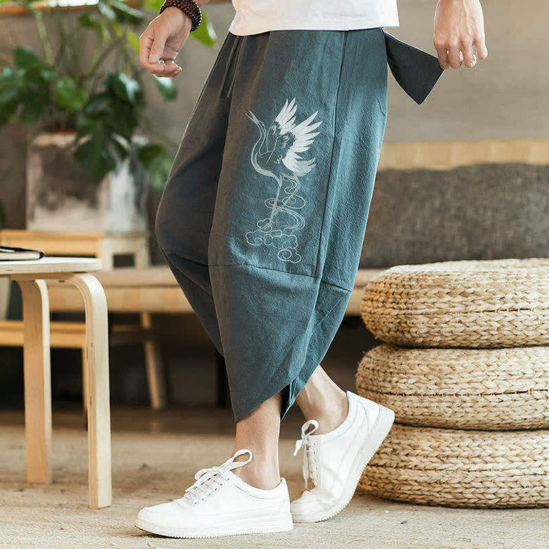 Buddha Stones Lässige Vintage-Caprihose mit Kranichmuster und Kordelzug, Herren-Haremshose mit Tasche - image 1