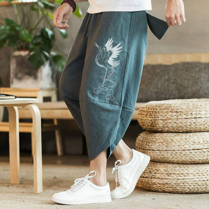 Buddha Stones Lässige Vintage-Caprihose mit Kranichmuster und Kordelzug, Herren-Haremshose mit Tasche - image 1