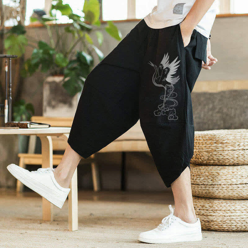 Buddha Stones Lässige Vintage-Caprihose mit Kranichmuster und Kordelzug, Herren-Haremshose mit Tasche - image 8