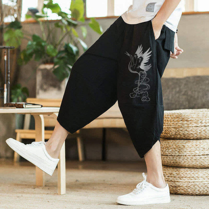 Buddha Stones Lässige Vintage-Caprihose mit Kranichmuster und Kordelzug, Herren-Haremshose mit Tasche - image 8