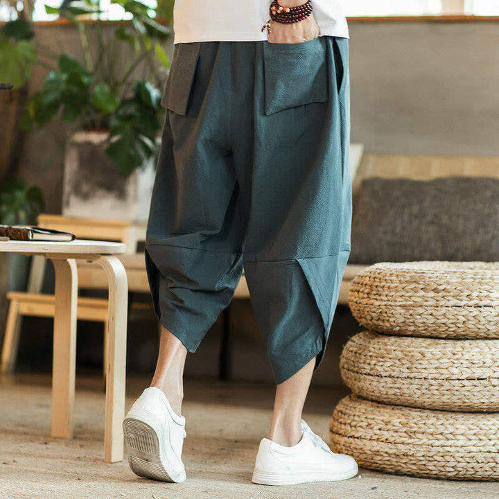 Buddha Stones Lässige Vintage-Caprihose mit Kranichmuster und Kordelzug, Herren-Haremshose mit Tasche - image 4