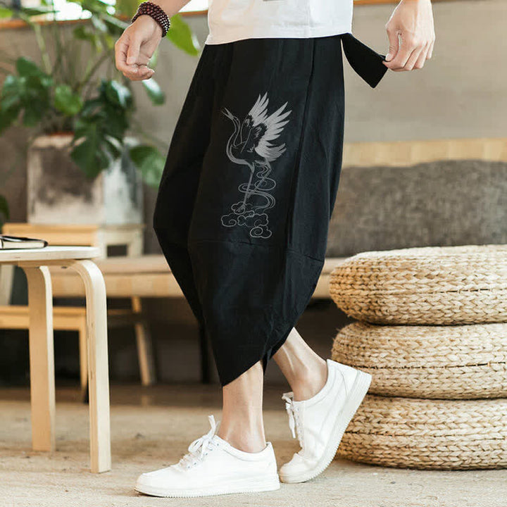 Buddha Stones Lässige Vintage-Caprihose mit Kranichmuster und Kordelzug, Herren-Haremshose mit Tasche - image 6