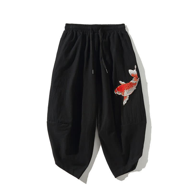 Buddha Stones Sommerliche Tang Style Caprihose mit Koi-Fisch-Motiv, Kordelzug, Herren-Haremshose mit Tasche - Schwarz - US/UK/AU46, EU56 (5XL) - image 12