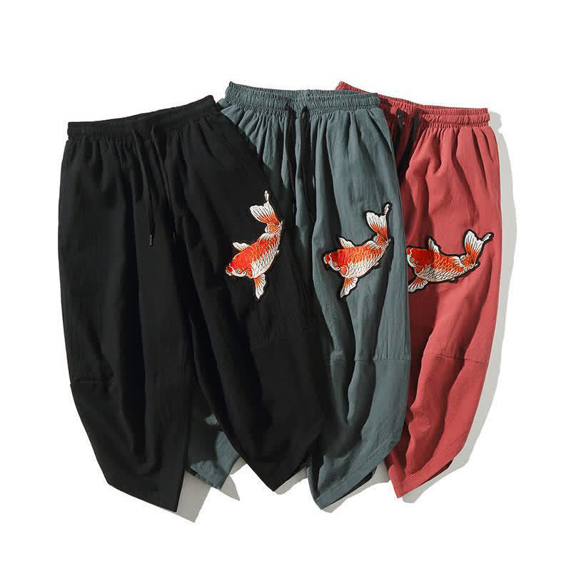 Buddha Stones Sommerliche Tang Style Caprihose mit Koi-Fisch-Motiv, Kordelzug, Herren-Haremshose mit Tasche - image 16