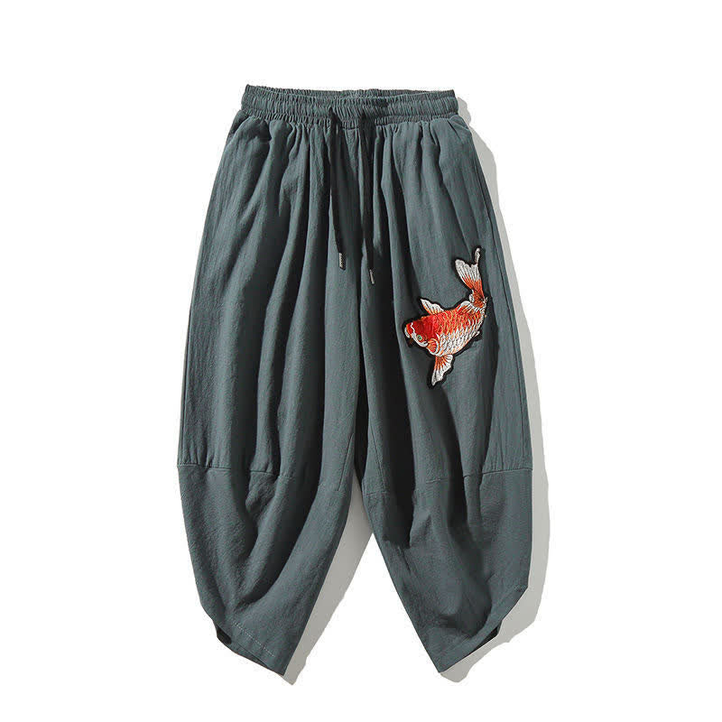 Buddha Stones Sommerliche Tang Style Caprihose mit Koi-Fisch-Motiv, Kordelzug, Herren-Haremshose mit Tasche - Kadettenblau - US/UK/AU46, EU56 (5XL) - image 14