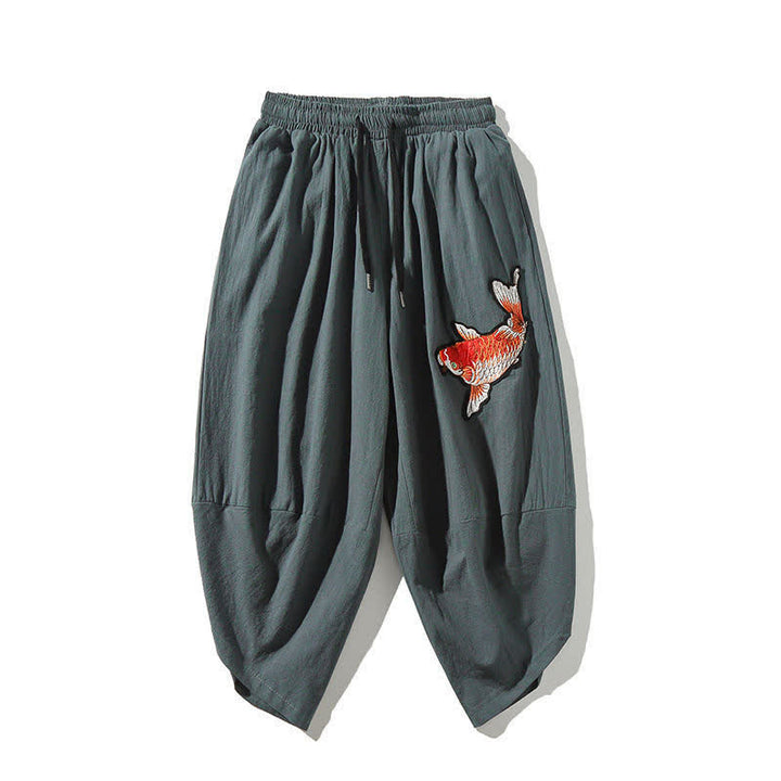 Buddha Stones Sommerliche Tang Style Caprihose mit Koi-Fisch-Motiv, Kordelzug, Herren-Haremshose mit Tasche - Kadettenblau - US/UK/AU46, EU56 (5XL) - image 14