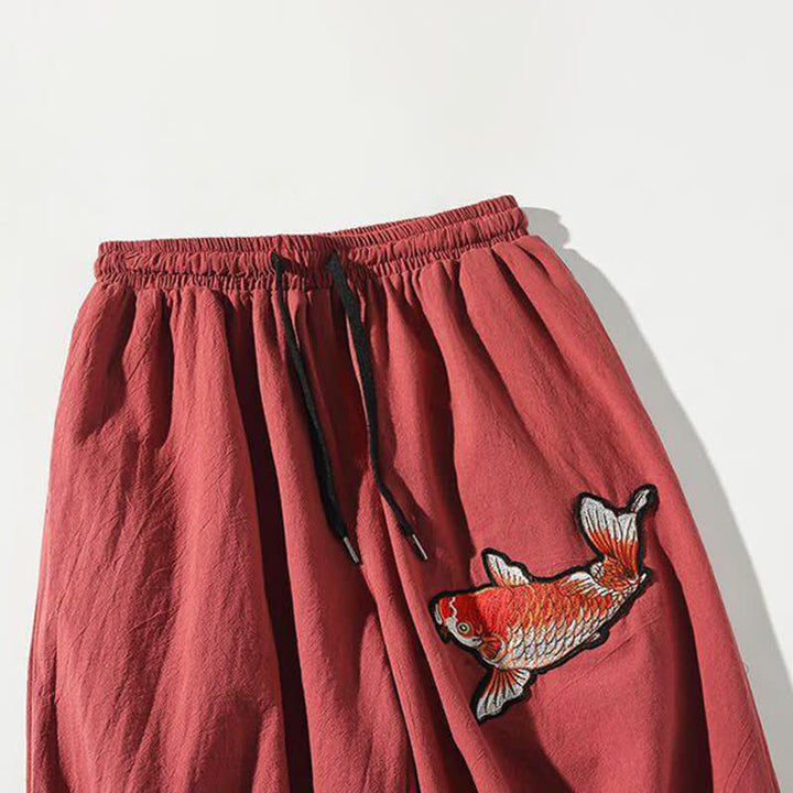Buddha Stones Sommerliche Tang Style Caprihose mit Koi-Fisch-Motiv, Kordelzug, Herren-Haremshose mit Tasche - image 2