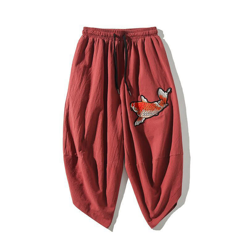 Buddha Stones Sommerliche Tang Style Caprihose mit Koi-Fisch-Motiv, Kordelzug, Herren-Haremshose mit Tasche - IndianRed - US/UK/AU46, EU56 (5XL) - image 0