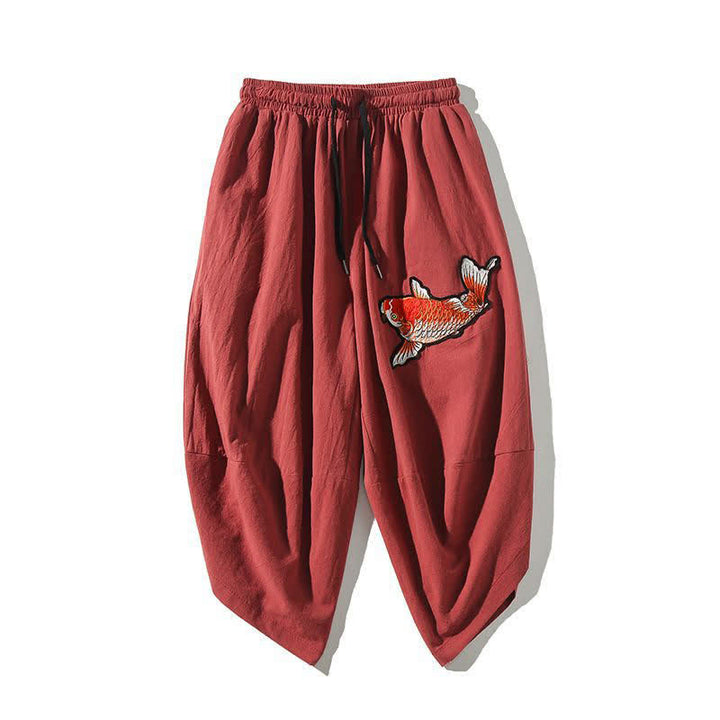 Buddha Stones Sommerliche Tang Style Caprihose mit Koi-Fisch-Motiv, Kordelzug, Herren-Haremshose mit Tasche - IndianRed - US/UK/AU46, EU56 (5XL) - image 0
