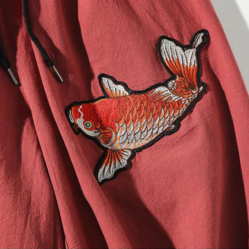 Buddha Stones Sommerliche Tang Style Caprihose mit Koi-Fisch-Motiv, Kordelzug, Herren-Haremshose mit Tasche - image 5