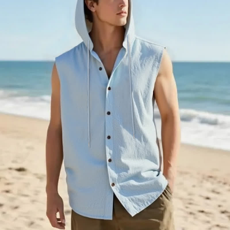 Buddha Stones Lässiges, minimalistisches Tanktop mit Knopfleiste und Kordelzug für Herren – ärmellos - image 1