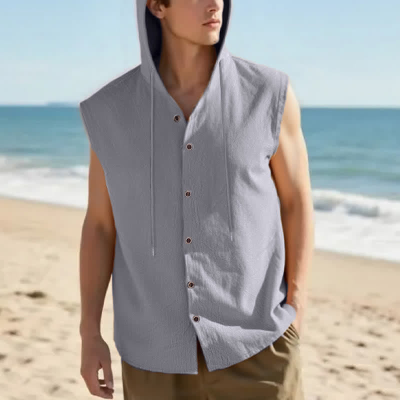 Buddha Stones Lässiges, minimalistisches Tanktop mit Knopfleiste und Kordelzug für Herren – ärmellos - Silber - US/UK/AU46, EU56 (3XL) - image 3