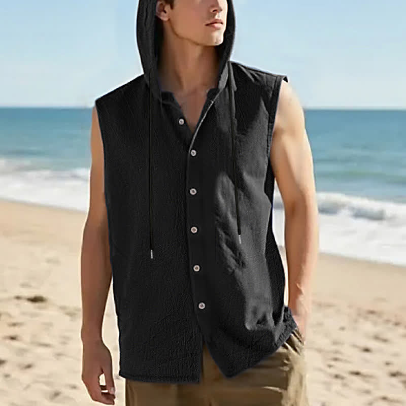 Buddha Stones Lässiges, minimalistisches Tanktop mit Knopfleiste und Kordelzug für Herren – ärmellos - Schwarz - US/UK/AU46, EU56 (3XL) - image 4