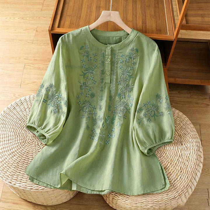 Buddha Stones Sommerliche, lässige Damenblusen im Vintage-Stil mit Blumenstickerei und kurzen Ärmeln - Hellgrün - US8-10, UK/AU12-14, EU40-42 (2XL) - image 0
